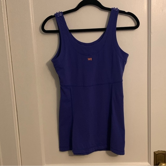 Lucy purple/blue athletic tank top w/white and purple ruffle, Womens size Small - Picture 3 of 9